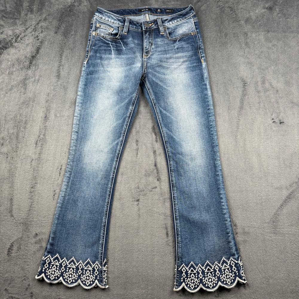 Miss Me Crop Bootcut Jeans Womens 25 Embroidered Scallop Hem Blue Y2K Excellent